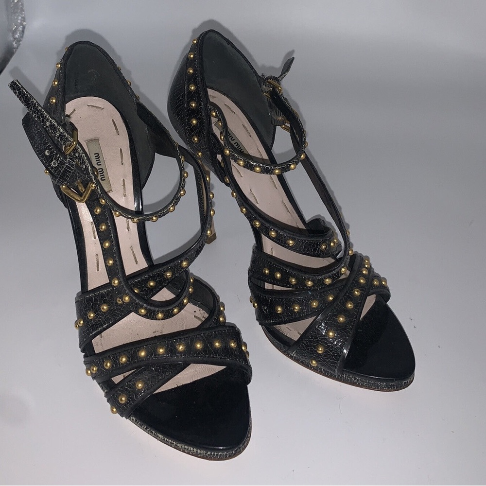 Miu Miu Gold Studded Cracked Leather Heels Size 37.5 7.5